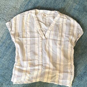 Pact Women's White V-Neck Top with Blue Stripes